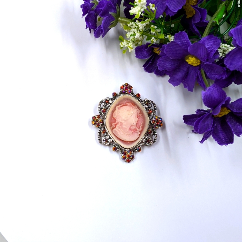 Stunning Cameo With Aurora Borealis Finish Crystal Accents Vintage Brooch